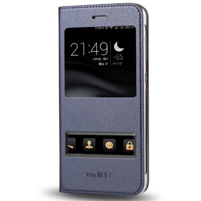 Telefontok álló, bőr hatású (flip, oldalra nyíló, Dual View Window) SötétKék [Huawei P9 lite mini]