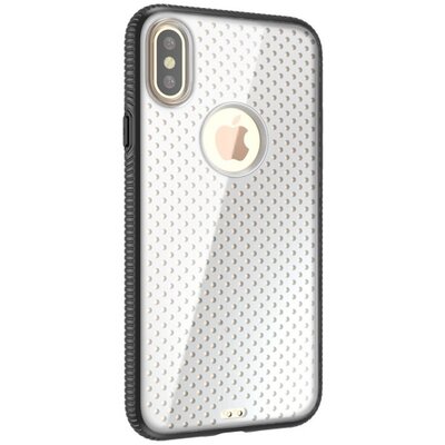 Műanyag hátlapvédő telefontok (szilikon keret, közepesen ütésálló, átlátszó akril hátlap, lyukacsos minta) Fekete [Apple iPhone X]
