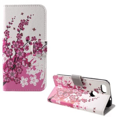 Telefontok álló, bőr hatású (flip, oldalra nyíló, asztali tartó funkció, virágminta) Fehér [Huawei P9 lite mini]