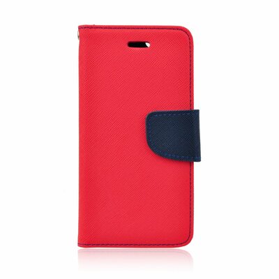 Oldalra nyíló flipes telefontok, kellemes bőr hatású, bankkártya zseb, kitámasztható - Huawei Y7, Piros-TengerKék
