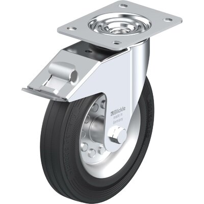 Gumi kerék, acéllemez forgóvillás, kerékfékkel 200MM,felfogótalppal