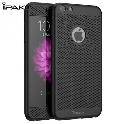 IPAKY műanyag hátlapvédő telefontok (előlap védelem, lyukacsos minta, edzett üveg fólia, logo kivágás) Fekete [Apple iPhone 6+ Plus 5.5", Apple iPhone 6S+ Plus 5.5"]