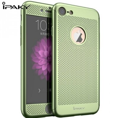 IPAKY műanyag hátlapvédő telefontok (előlap védelem, lyukacsos minta, edzett üveg fólia, logo kivágás) Zöld [Apple iPhone 7 ]