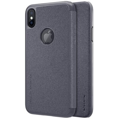 Nillkin Sparkle műanyag telefontok (mikroszálas bőr flip, oldalra nyíló, logo kivágás) Fekete [Apple iPhone X]