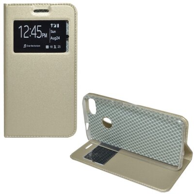 Telefontok álló, bőr hatású (flip, mágneses, oldalra nyíló, asztali tartó funkció, View Window) Arany [Huawei P9 lite mini]