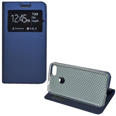 Telefontok álló, bőr hatású (flip, mágneses, oldalra nyíló, asztali tartó funkció, View Window) SötétKék [Huawei P9 lite mini]