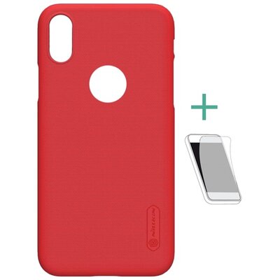 Nillkin Super Frosted műanyag hátlapvédő telefontok (gumírozott, érdes felület, kijelzővédő fóliával, logo kivágás) Piros [Apple iPhone X]