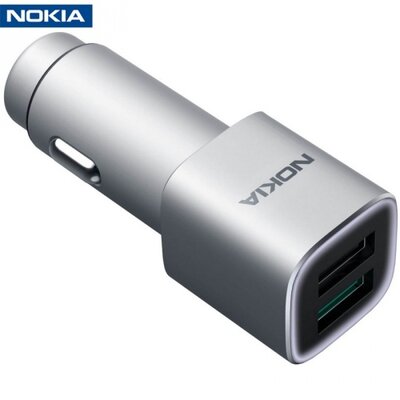 Nokia DC-801_S Szivargyújtó töltő/autós töltő 2 x USB aljzat (5V / 2400mA, gyorstöltés támogatás, kábel nélkül), Ezüst