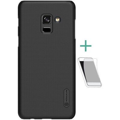 Nillkin Super Frosted műanyag hátlapvédő telefontok (gumírozott, érdes felület, kijelzővédő fóliával) Fekete [Samsung Galaxy A8+ Plus (2018) SM-A730F]