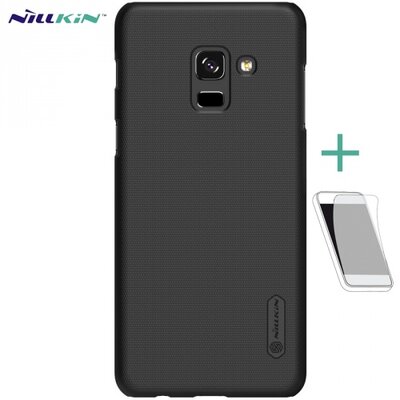 Nillkin Super Frosted műanyag hátlapvédő telefontok (gumírozott, érdes felület, kijelzővédő fóliával) fekete [Samsung Galaxy A8 (2018) SM-A530F]