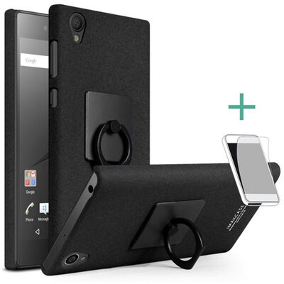 IMAK műanyag hátlapvédő telefontok (gumírozott, telefontartó gyűrű, 360°-ban forgatható, kijelzővédő fóliával) Fekete [Sony Xperia L1]