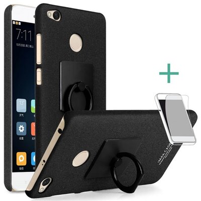 IMAK műanyag hátlapvédő telefontok (gumírozott, telefontartó gyűrű, 360°-ban forgatható, kijelzővédő fóliával) Fekete [Xiaomi Redmi 4X]
