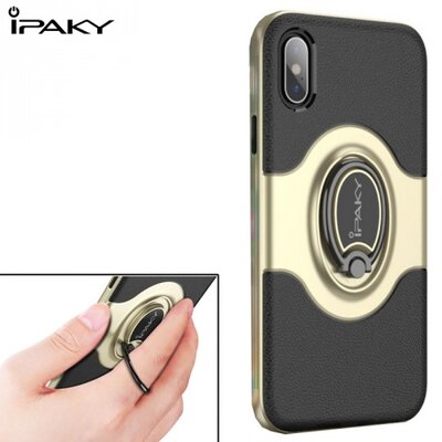 IPAKY műanyag hátlapvédő telefontok (gumi / szilikon belső, mágneses telefontartó gyűrű, 360°-ban forgatható) Arany [Apple iPhone X]