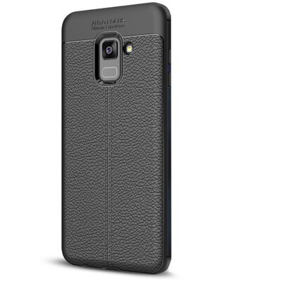 Hátlapvédő telefontok gumi / szilikon (bőrhatás, varrás minta) Fekete [Samsung Galaxy A8+ Plus (2018) SM-A730F]