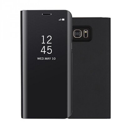 Telefontok álló, bőr hatású (aktív flip, oldalra nyíló, asztali tartó funkció, Mirror View Cover) Fekete [Samsung Galaxy S7 EDGE (SM-G935)]