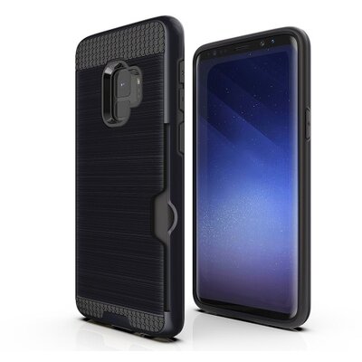 Műanyag hátlapvédő telefontok (gumi / szilikon belső, közepesen ütésálló, bankkártya tartó, szálcsiszolt mintázat) Fekete [Samsung Galaxy S9 (SM-G960)]