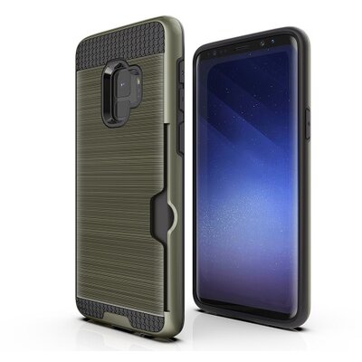 Műanyag hátlapvédő telefontok (gumi / szilikon belső, közepesen ütésálló, bankkártya tartó, szálcsiszolt mintázat) SötétZöld [Samsung Galaxy S9 (SM-G960)]