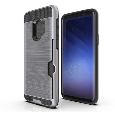 Műanyag hátlapvédő telefontok (gumi / szilikon belső, közepesen ütésálló, bankkártya tartó, szálcsiszolt mintázat) Ezüst [Samsung Galaxy S9 (SM-G960)]