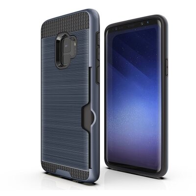 Műanyag hátlapvédő telefontok (gumi / szilikon belső, közepesen ütésálló, bankkártya tartó, szálcsiszolt mintázat) SötétKék [Samsung Galaxy S9 (SM-G960)]