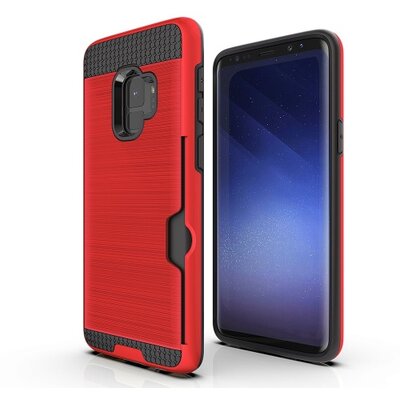 Műanyag hátlapvédő telefontok (gumi / szilikon belső, közepesen ütésálló, bankkártya tartó, szálcsiszolt mintázat) Piros [Samsung Galaxy S9 (SM-G960)]