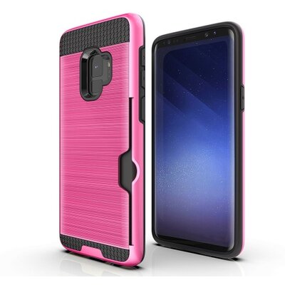 Műanyag hátlapvédő telefontok (gumi / szilikon belső, közepesen ütésálló, bankkártya tartó, szálcsiszolt mintázat) Rózsaszín [Samsung Galaxy S9 (SM-G960)]