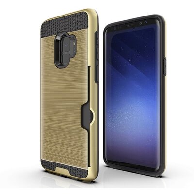 Műanyag hátlapvédő telefontok (gumi / szilikon belső, közepesen ütésálló, bankkártya tartó, szálcsiszolt mintázat) Arany [Samsung Galaxy S9 (SM-G960)]