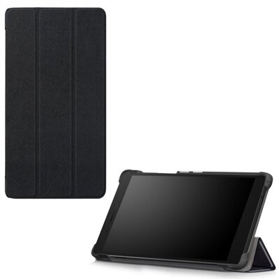 Tablet védőtok álló, bőr (FLIP, oldalra nyíló, TRIFOLD asztali tartó funkció) FEKETE [Lenovo Tab 4 7 Essential (TB-7304F)]