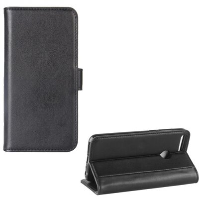Telefontok álló, valódi bőr (flip, mágneses, oldalra nyíló, asztali tartó funkció) fekete [Huawei P Smart (Enjoy 7S)]
