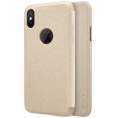 Nillkin Sparkle műanyag telefontok (mikroszálas bőr flip, oldalra nyíló, logo kivágás) Arany [Apple iPhone X 5.8]
