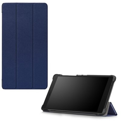 Tablet védőtok álló, bőr (FLIP, oldalra nyíló, TRIFOLD asztali tartó funkció), Sötétkék [Lenovo Tab 4 7 Essential (TB-7304F)]