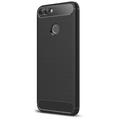 Hátlapvédő telefontok gumi / szilikon (közepesen ütésálló, szálcsiszolt, karbonminta) Fekete [Huawei P Smart (Enjoy 7S)]