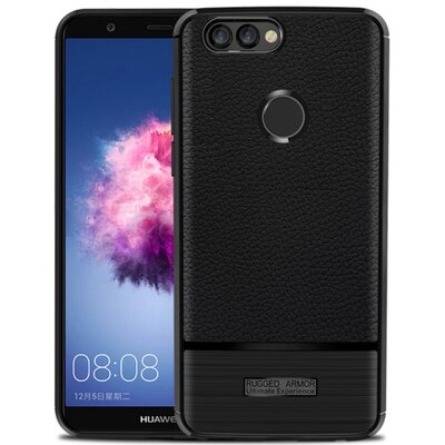 Hátlapvédő telefontok gumi / szilikon (bőrhatás, szálcsiszolt) Fekete [Huawei P Smart (Enjoy 7S)]