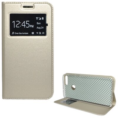 Telefontok álló, bőr hatású (flip, oldalra nyíló, asztali tartó funkció, S-View Cover) Arany [Huawei P Smart (Enjoy 7S)]