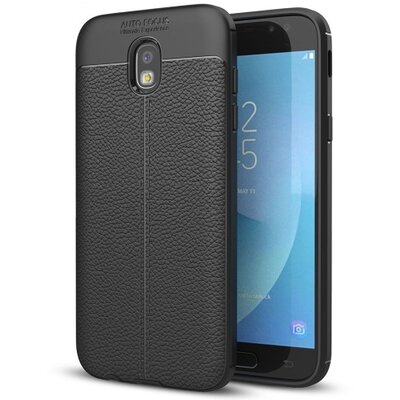Hátlapvédő telefontok gumi / szilikon (bőrhatás, varrás minta) Fekete [Samsung Galaxy J7 (2017) SM-J730]