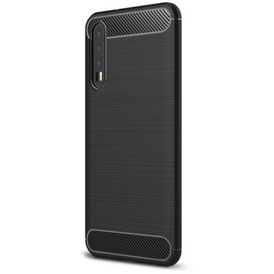 Hátlapvédő telefontok gumi / szilikon (közepesen ütésálló, szálcsiszolt, karbonminta) Fekete [Huawei P20 Pro]