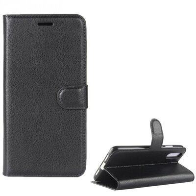 Telefontok álló, bőr hatású (flip, oldalra nyíló, asztali tartó funkció, prémium) Fekete [Huawei P20]