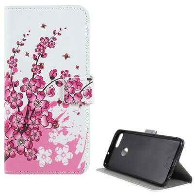Telefontok álló, bőr hatású (flip, oldalra nyíló, asztali tartó funkció, virágminta) Fehér [Huawei P Smart (Enjoy 7S)]