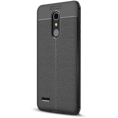 Hátlapvédő telefontok gumi / szilikon (bőrhatás, varrás minta) Fekete [LG K11 K425 (K10 2018)]