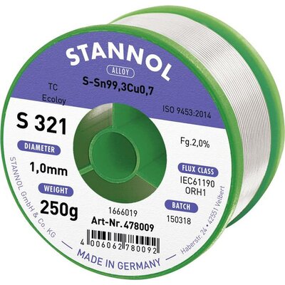 Forrasztóón, ólommentes Stannol S321 2,0% 1,0MM SN99CU1 CD 250G SN99Cu1 250 g 1 mm
