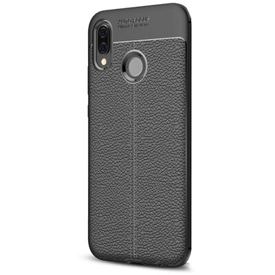 Hátlapvédő telefontok gumi / szilikon (bőrhatás, varrás minta) Fekete [Huawei P20 Lite]