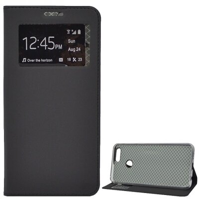 Telefontok álló, bőr hatású (flip, oldalra nyíló, asztali tartó funkció, S-View Cover) Fekete [Huawei Honor 7x]