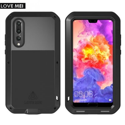 LOVE MEI Powerful defender elő- és hátlapvédő telefontok, gumi (ütésálló, Gorilla Glass üveg, fém keret) Fekete [Huawei P20 Pro]