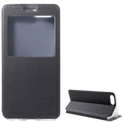 Telefontok álló, bőr hatású (flip, oldalra nyíló, asztali tartó funkció, S-View Cover) Fekete [Huawei Honor View 10]
