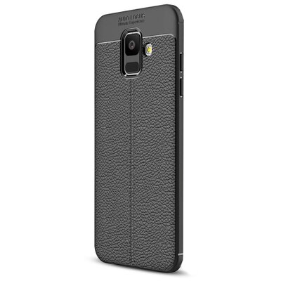 Hátlapvédő telefontok gumi / szilikon (bőrhatás, varrás minta) Fekete [Samsung Galaxy A6 (2018) SM-A600F]