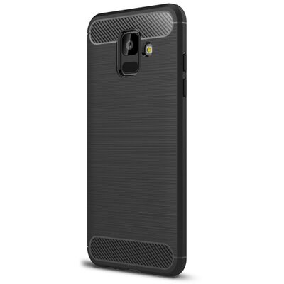 Hátlapvédő telefontok gumi / szilikon (közepesen ütésálló, légpárnás sarok, szálcsiszolt, karbonminta) Fekete [Samsung Galaxy A6 (2018) SM-A600F]