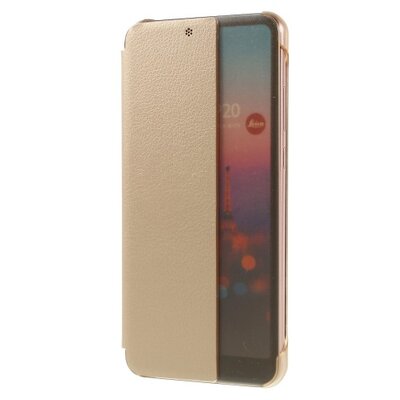 Telefontok álló, bőr hatású (aktív flip, oldalra nyíló, Smart View Cover) Arany [Huawei P20]