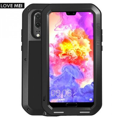 LOVE MEI Powerful defender elő- és hátlapvédő telefontok, gumi (ütésálló, Gorilla Glass üveg, fém keret) Fekete [Huawei P20]