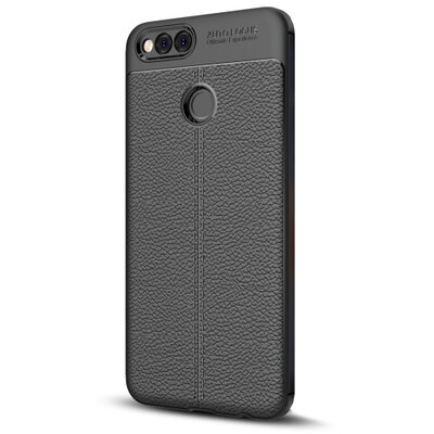 Hátlapvédő telefontok gumi / szilikon (bőrhatás, varrás minta) Fekete [Huawei Honor 7x]
