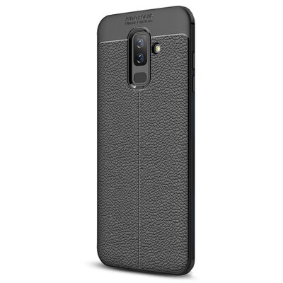 Hátlapvédő telefontok gumi / szilikon (bőrhatás, varrás minta) Fekete [Samsung Galaxy A6+ (2018) SM-A605F]
