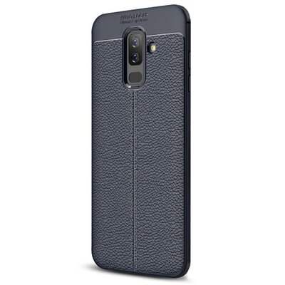 Hátlapvédő telefontok gumi / szilikon (bőrhatás, varrás minta) SötétKék [Samsung Galaxy A6+ (2018) SM-A605F]